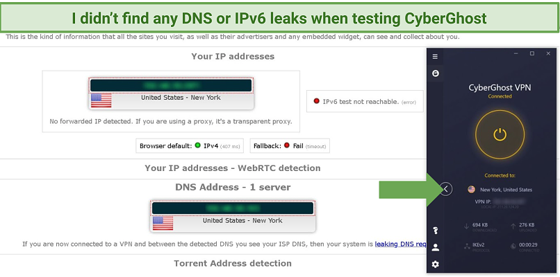 Screenshot of a leak test performed on CyberGhost connected to a New York server