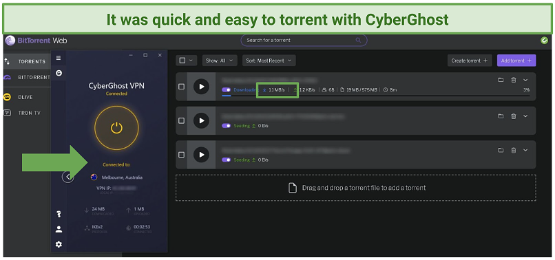Screenshot of torrenting speeds achieved while connected to CyberGhost