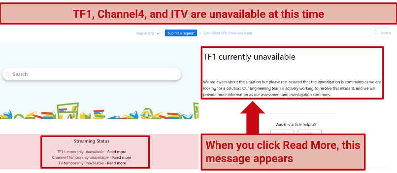 Screenshot of CyberGhost webpages explaining why TF1, Channel4, and ITV are unavailable