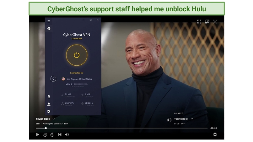Screenshot of Hulu player unblocked with CyberGhost streaming Young Rock