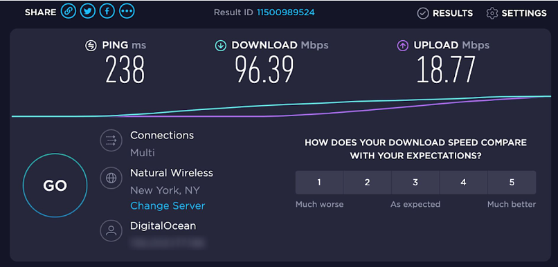 A screenshot of my speeds on Disconnect's US servers
