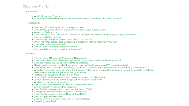 A screenshot of Disconnect VPN's FAQ page