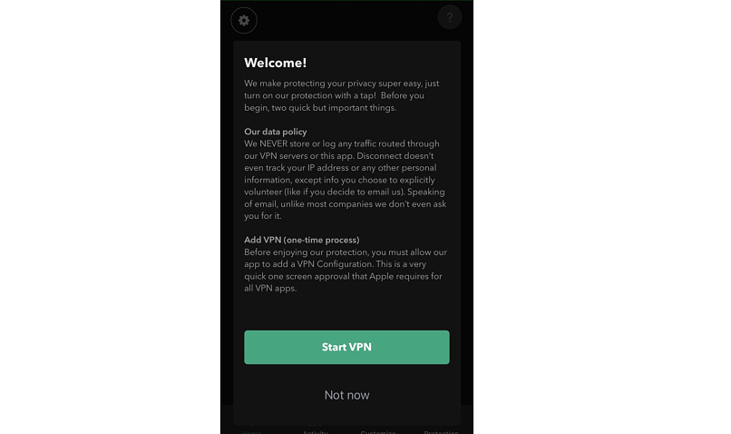 A screenshot of the Disconnect VPN app's starting page