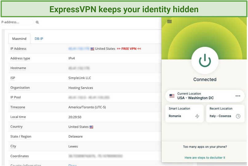 Screenshot of IP Leak test and ExpressVPN's Mozilla Firefox addon