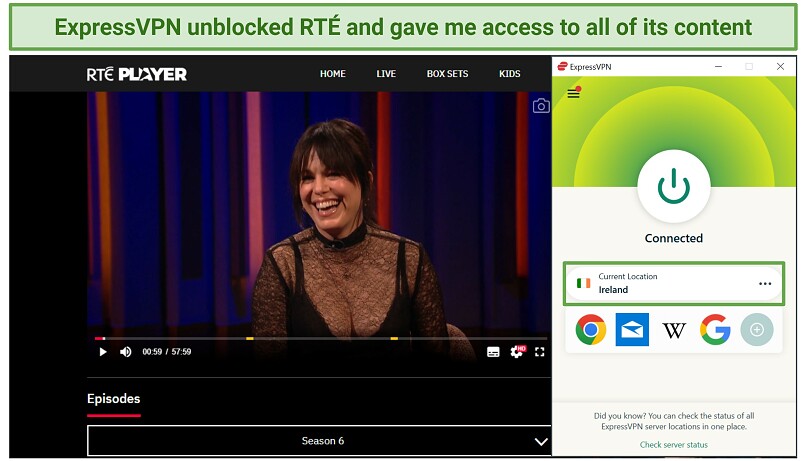 Screenshot showing that ExpressVPN unblocks RTE
