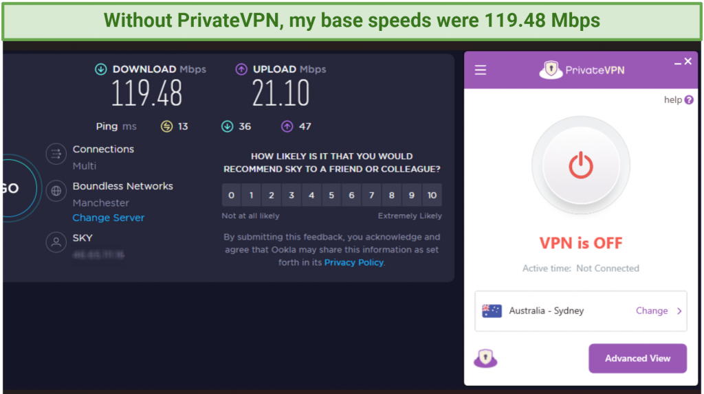 Screenshot showing base speed, with a PrivateVPN app disconnected