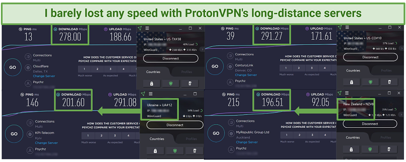 Speed test results using Proton VPN connected to 4 different server locations