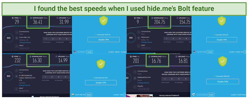 Speed test results using hideme connected to 4 different server locations