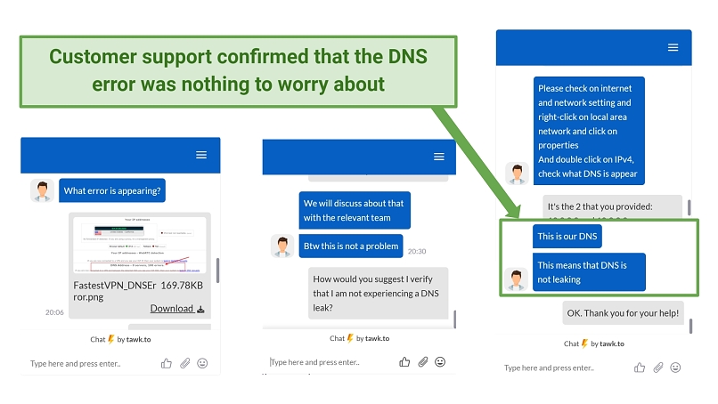 Screenshot showing FastestVPN customer support confirming DNS error was not a leak