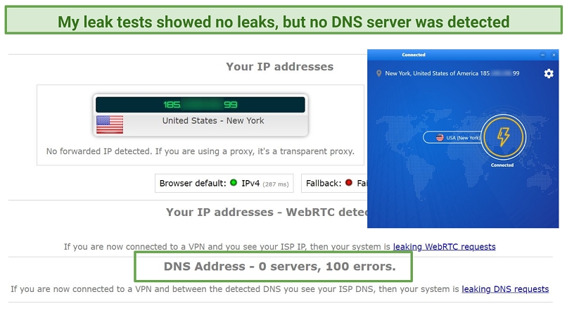 Screenshot showing leak test results using FastestVPN