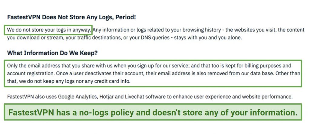 A screenshot of FastestVPN's privacy policy and no-logs guarantee.