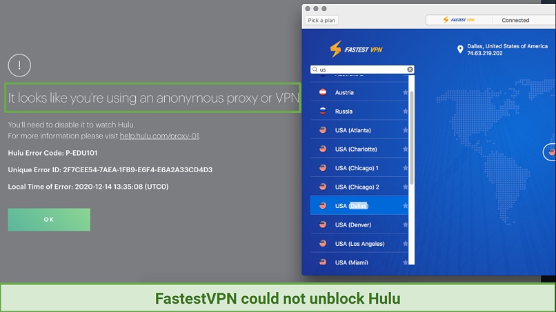 A screenshot showing FastestVPN being blocked by Hulu's anti-proxy and VPN software.