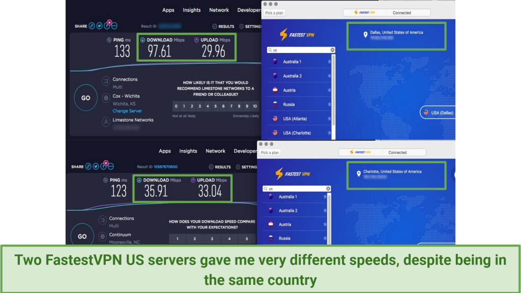 A screen shot showing speed test inconsistencies for FastestVPN servers in the US.