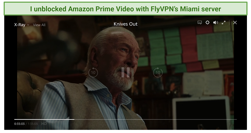 screenshot of Amazon Prime Video player streaming Knives Out unblocked with FlyVPN