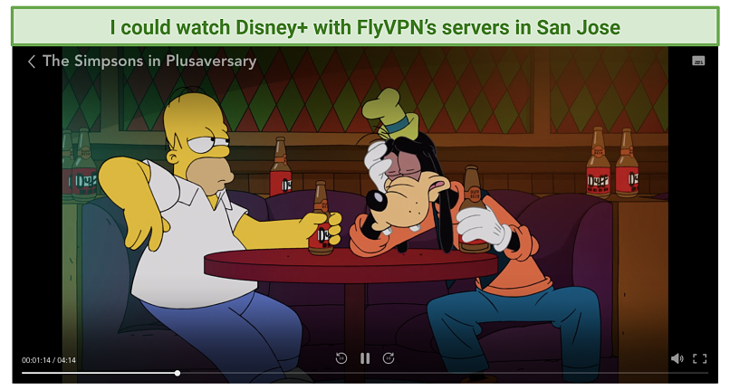 screenshot of Disney+ player streaming The Simpsons in Plusaversary unblocked with FlyVPN