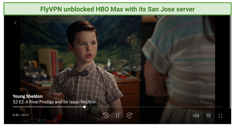 screenshot of HBO Max player streaming Young Sheldon unblocked with FlyVPN