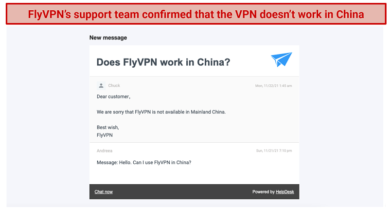 screenshot of FlyVPN's support answer