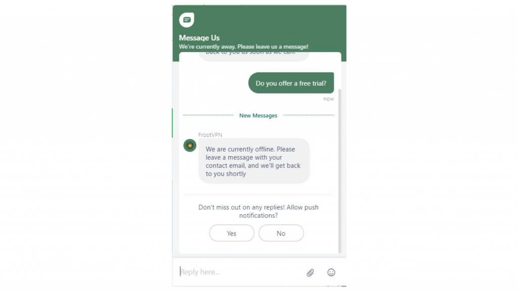 A screenshot of FrootVPN's live chat being offline
