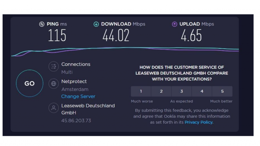 A screenshot of FrootVPN's speeds