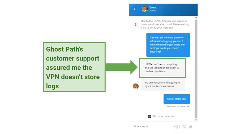 A screenshot of Ghost Path's live chat, with a customer support agent saying that the VPN doesn't store any logs.