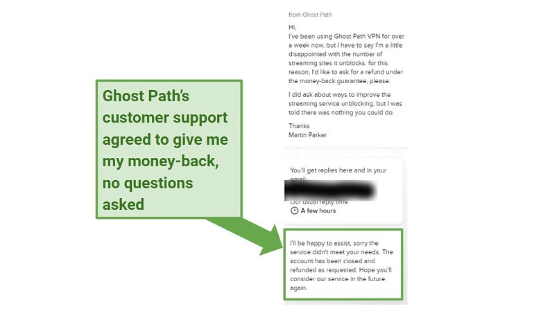 A screenshot of Ghost Path VPN's live chat, with a customer service representative approving a refund request
