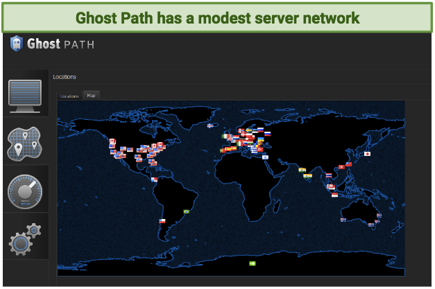 A screenshot of Ghost Path's server map, showing all of its server locations.