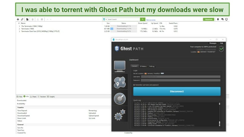 A screenshot of Ghost Path VPN with uTorrent in the background, showing that the VPN supports torrenting.