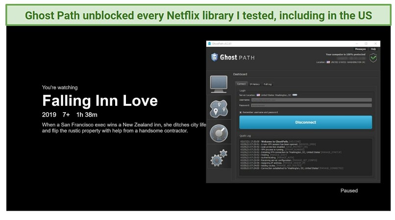 A screenshot of Ghost Path VPN unblocking Falling Inn Love on Netflix.