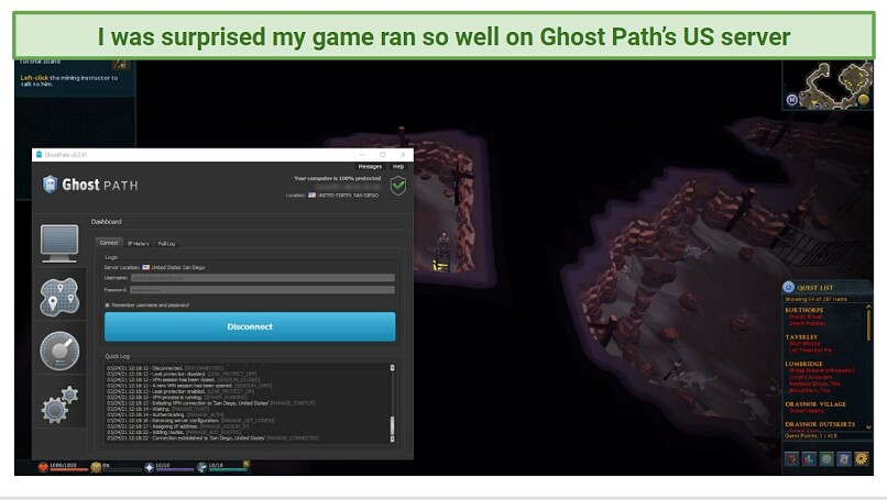 A screenshot of Ghost Path overlaid on the game RuneScape, showing that the VPN is fast enough for streaming on local servers.