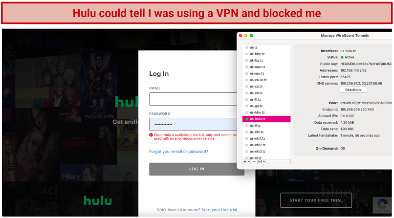 Graphic showing Hulu blocking access to its platform using Trust.Zone's VPN