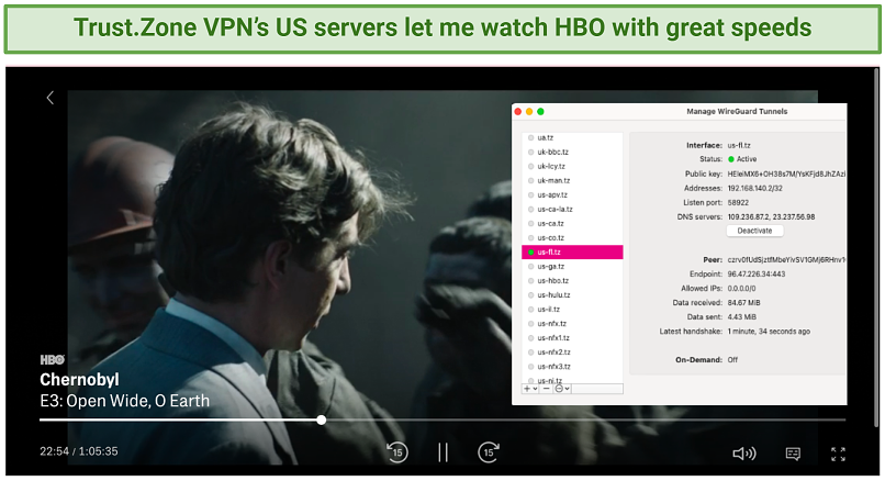 Graphic showing HBO Max streaming using Trust.Zone VPN's US server