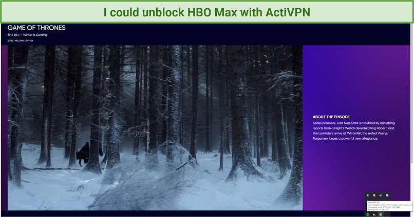 screenshot of HBO Max player unblocked by ActiVPN