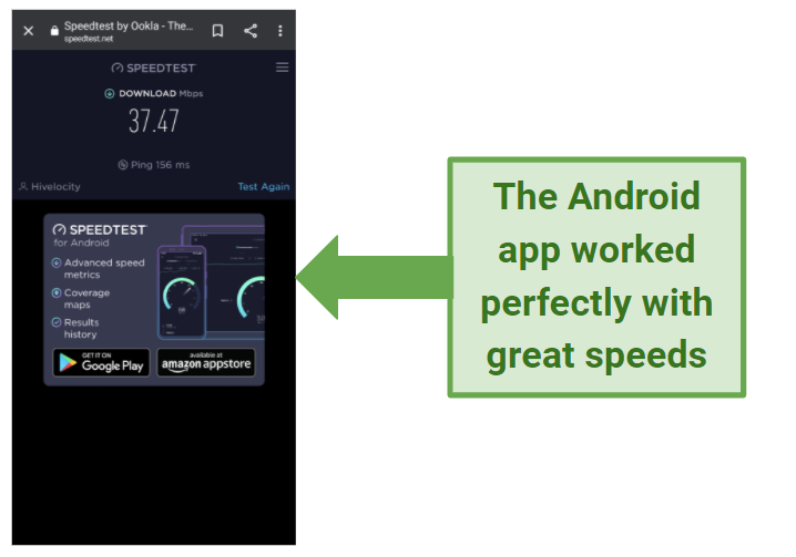 Screenshot showing Android phone with high speeds after connecting to a Hide My IP server in the US