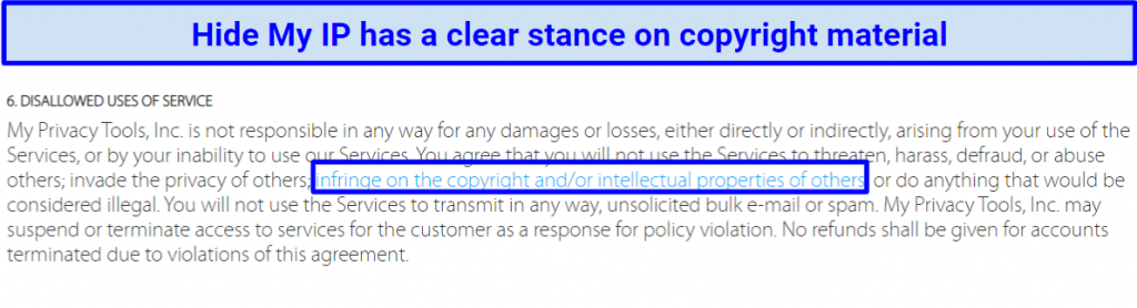 Screenshot showing Hide My IP's clause on downloading copyrighted material