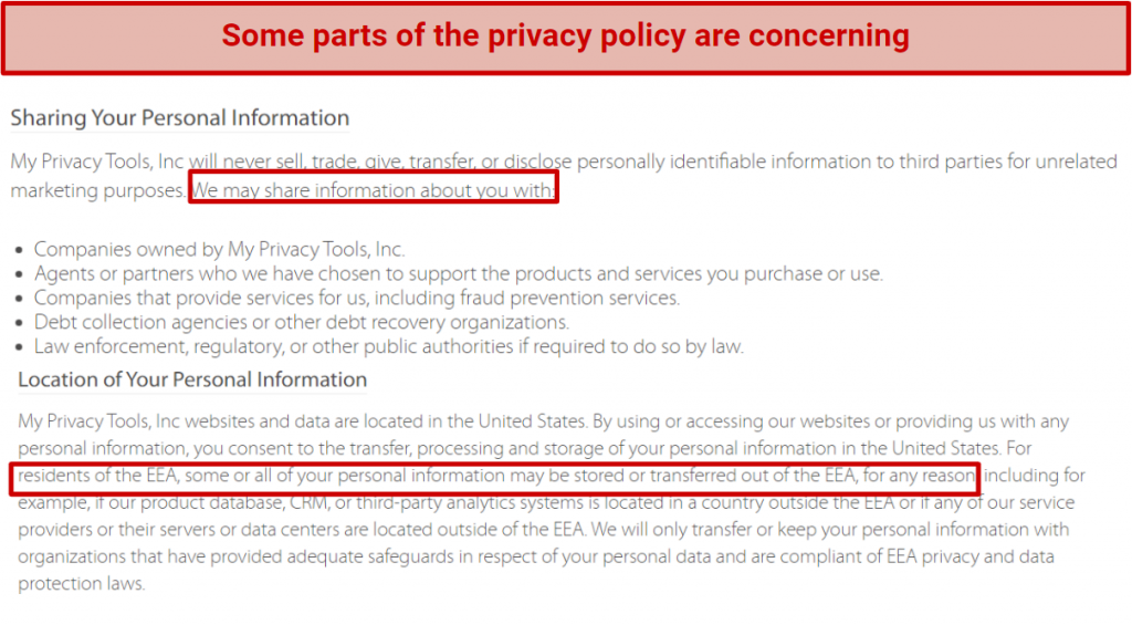 Screenshot showing Hide My IP's questionable privacy policy