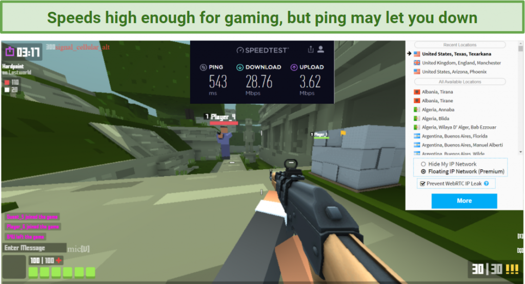 Screenshot showing Krunker gameplay, with high speeds and high ping after connecting to a Hide My IP server in the US