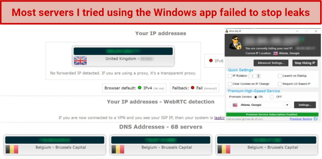 Screenshot showing privacy leaks after connecting to a Hide My IP server in the US using the Windows app