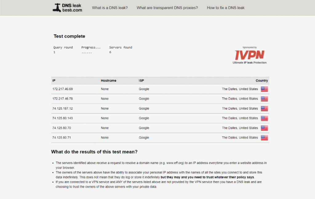 A screenshot of HideIPVPN passing DNS leak tests.