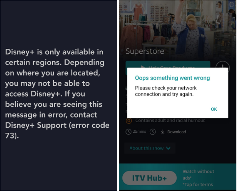 A screenshot of HideIPVPN being unable to unblock to Disney+ and ITV.