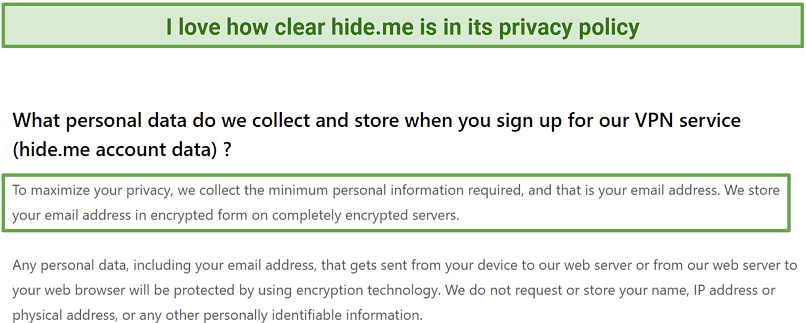 Screenshot of hide.me's privacy policy highlighting what data it stores
