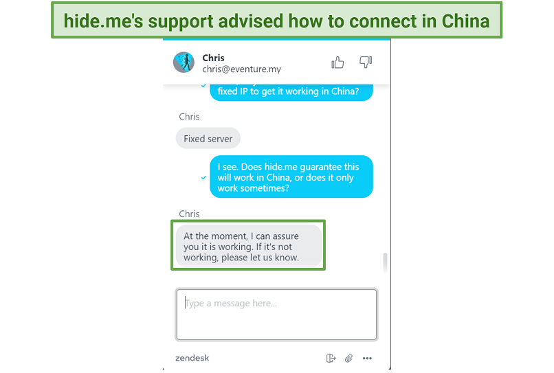 Screenshot of a conversation with hide.me's live support agent where they confirmed it works in China