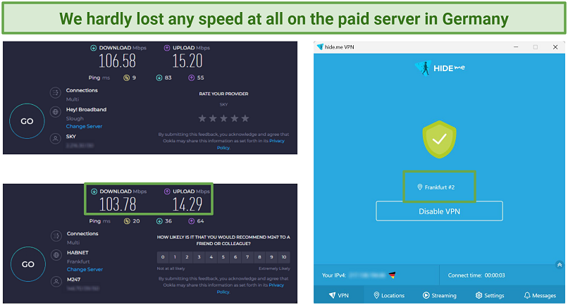 Screenshot of Ookla tests showing speeds while connected to hide.me and with no VPN connected