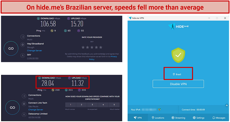 Screenshot of Ookla tests done with no VPN connected and while connected to hide.me's Brazil server