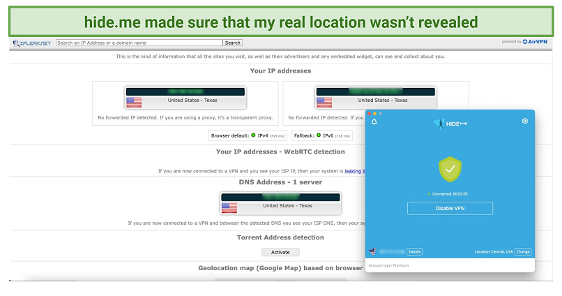 A screenshot showing that hideme passed my IP leak test