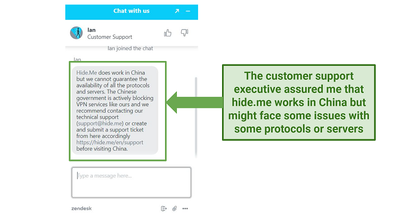 A screenshot of hideme's customer support reply using its live chat feature about whether it works in China