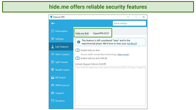 Screenshot of hideme's beta features