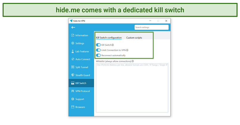 A screenshot of hideme's kill switch feature