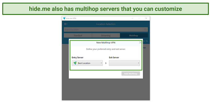 Screenshot of hideme's multihop servers