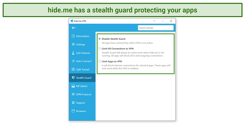Screenshot of hideme's stealth guard feature