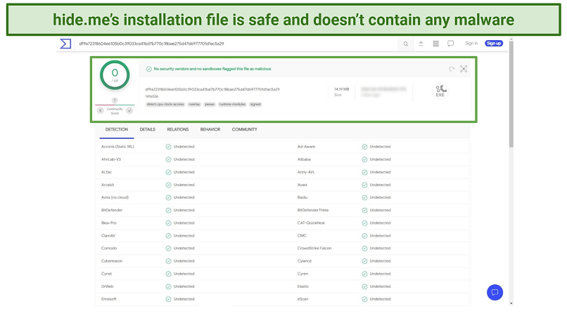 A screenshot of a VirusTotal scan of hideme installation files